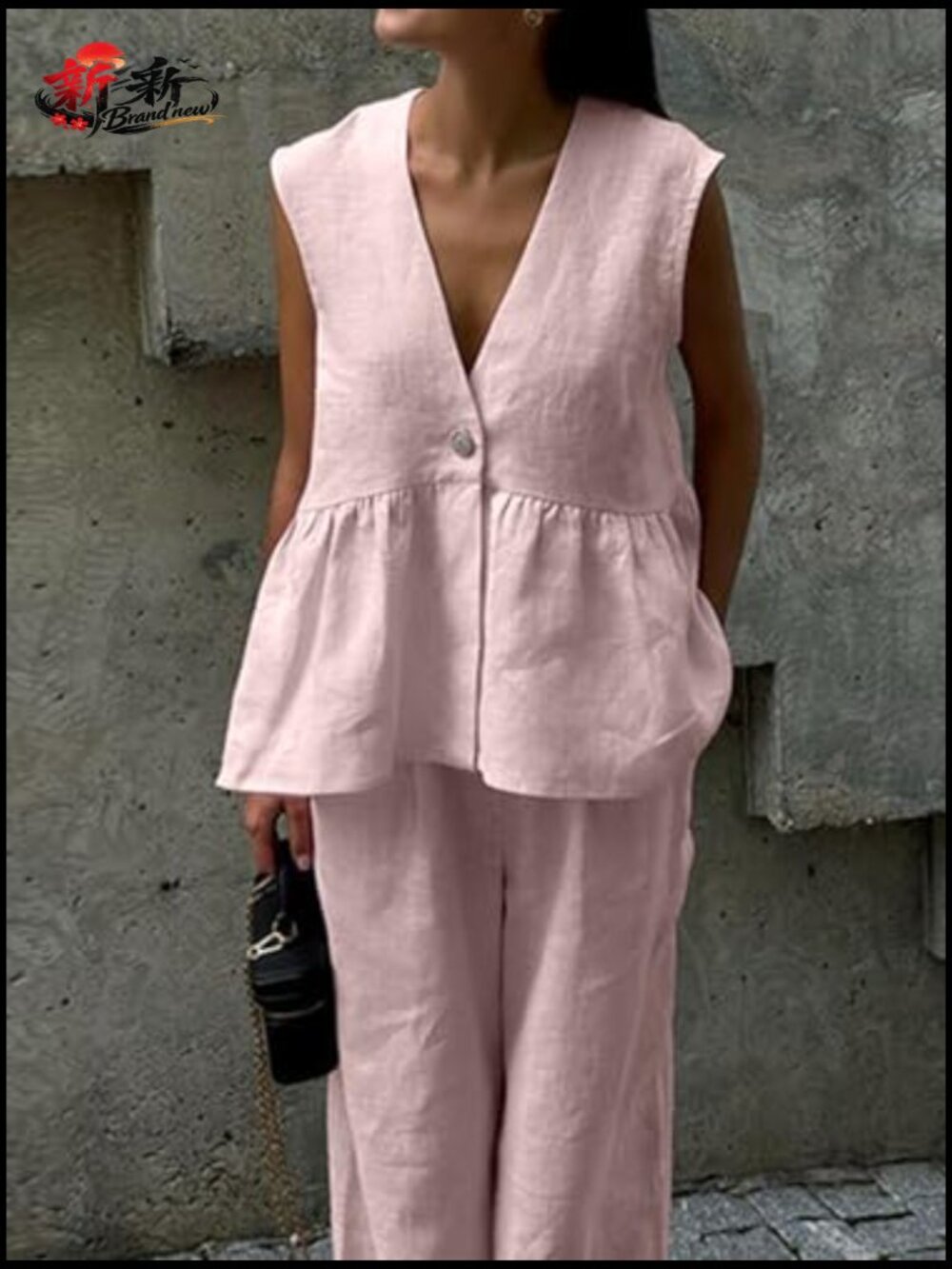 Sleeveless V Neck Peplum Vest Wide Leg Pant Suit Set 2 Piece Summer Outfit - Picture 3 of 7